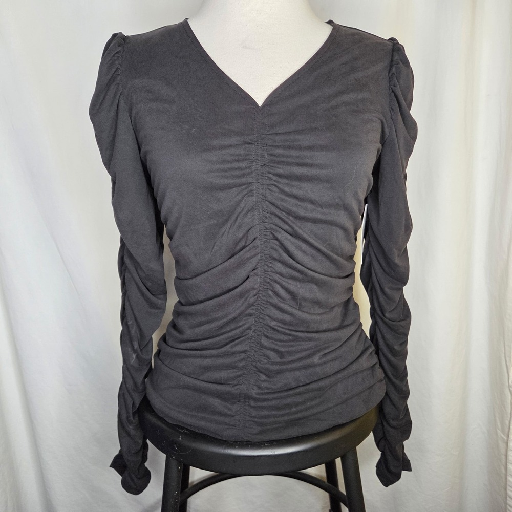 Women's NWT Nine West Ruched Blouse Black V-neck Long puff Sleeves Size Small
